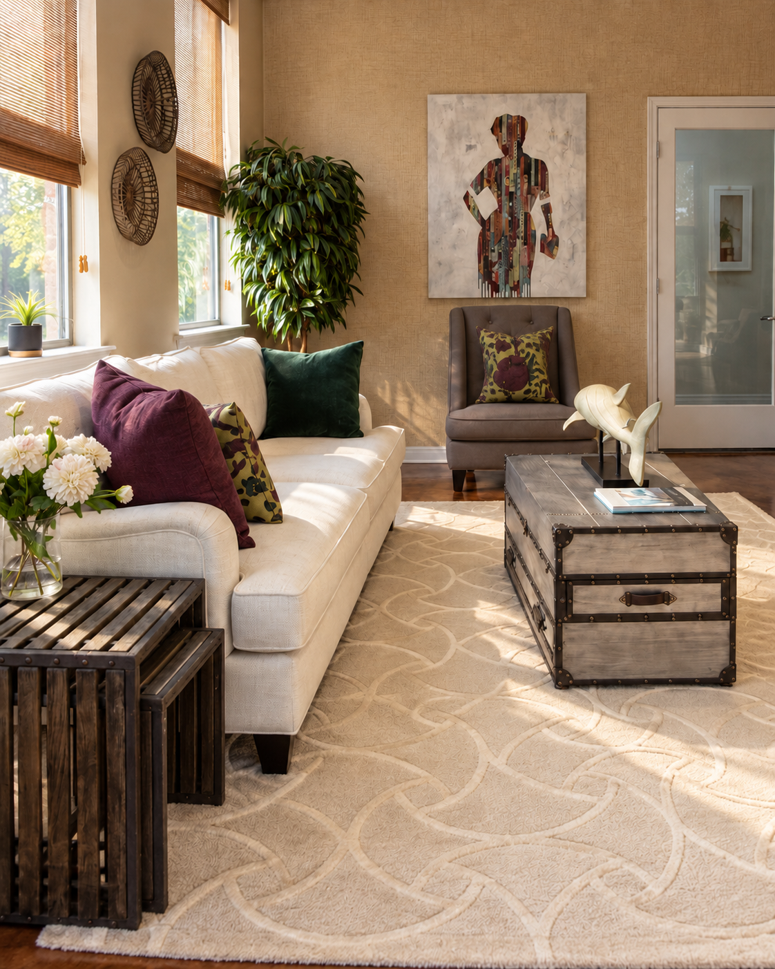 Furnished Lakeshore Parc lobby with seating and natural light