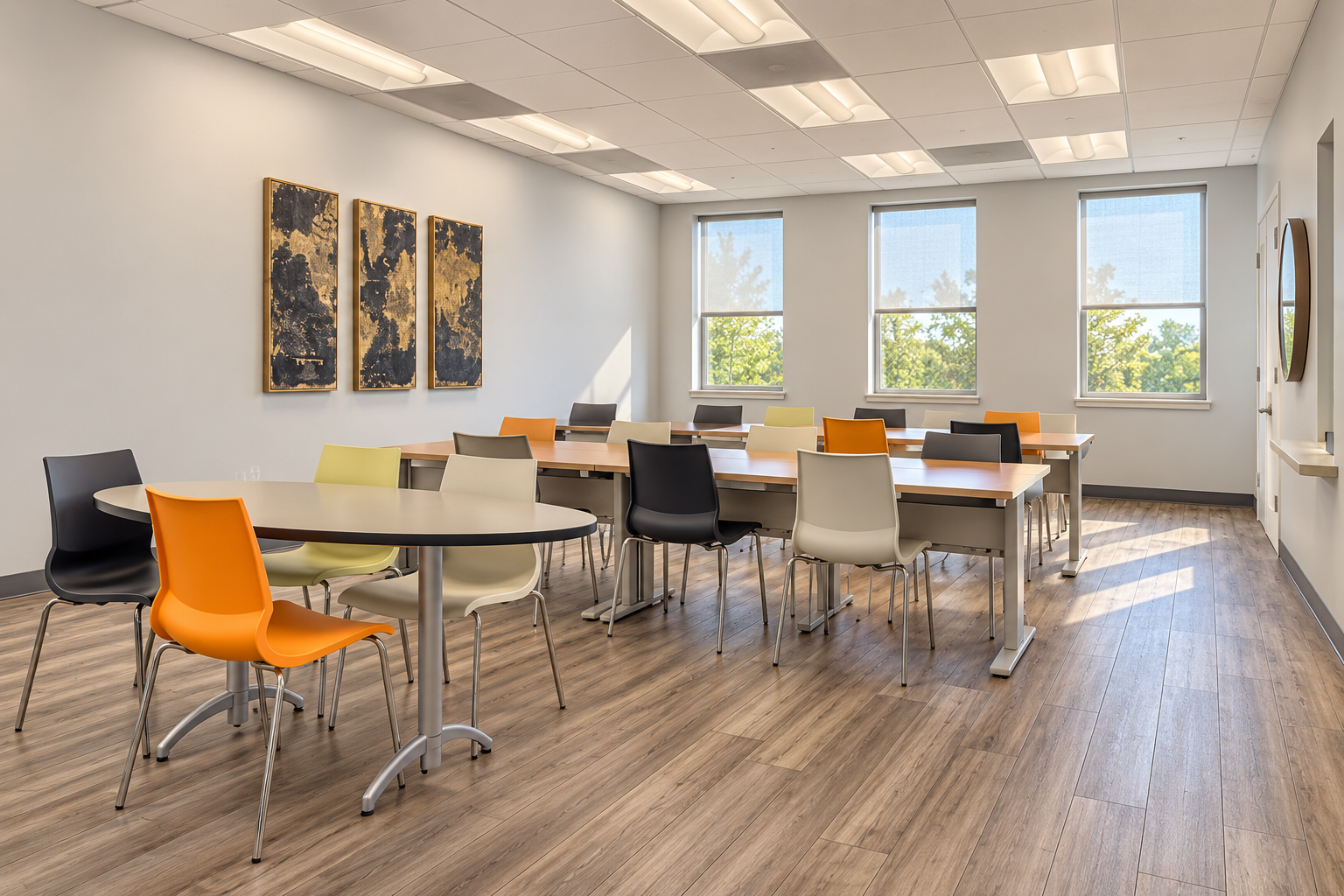 Shared meeting and training room with tables, colorful chairs and large windows