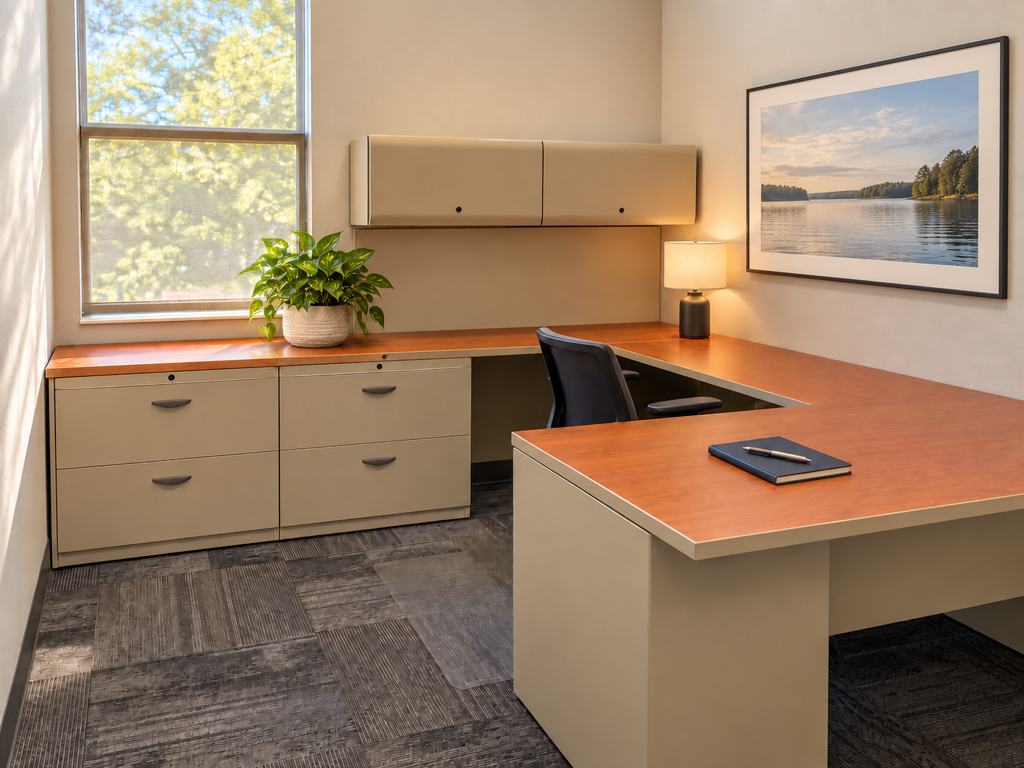 Furnished private office at Lakeshore Parc with a wraparound desk and natural light